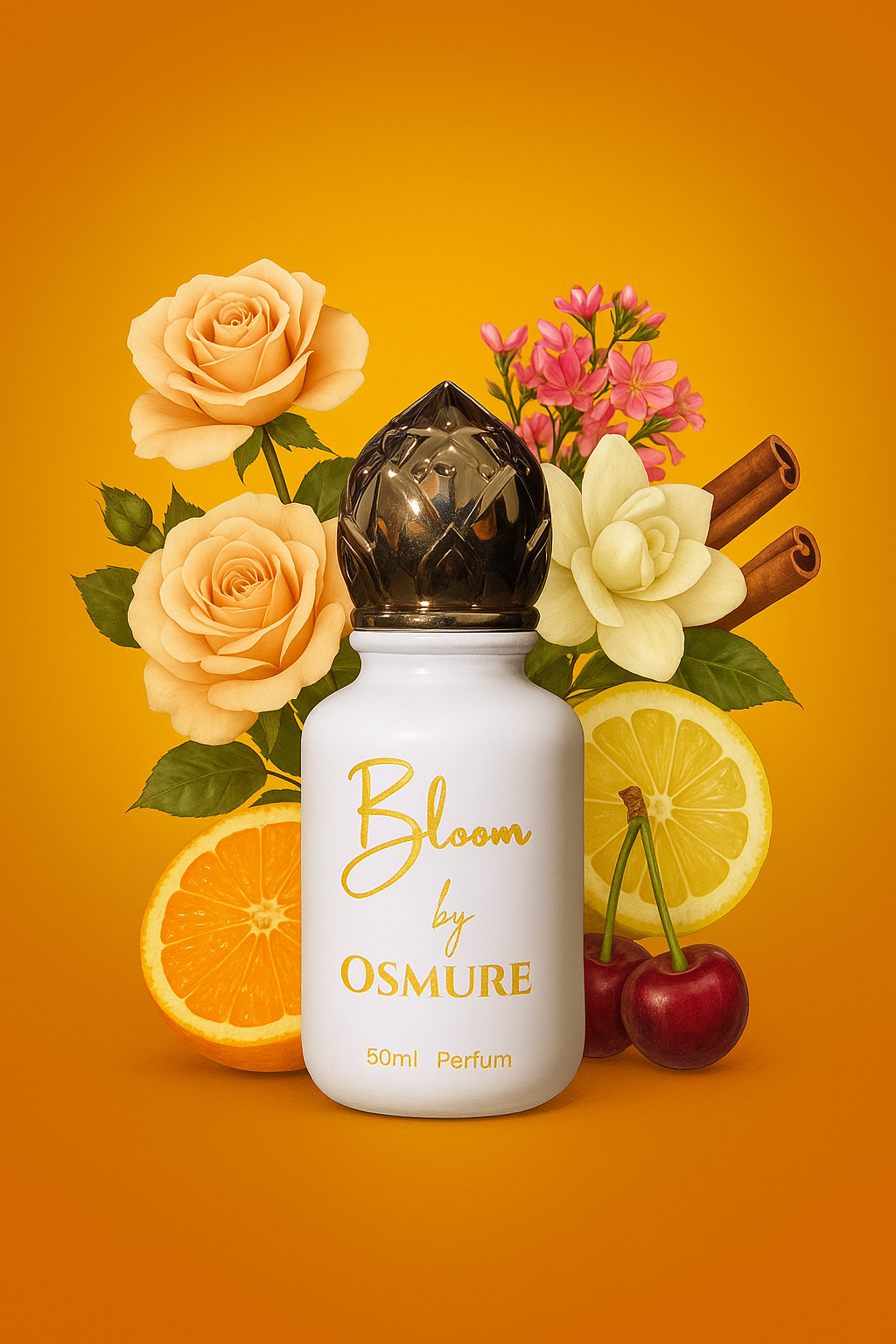 Perfume bottle labeled 'Bloom by Osmure' surrounded by flowers, fruits, and cinnamon on an orange background